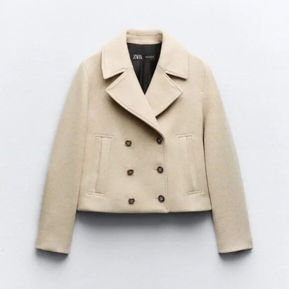 NWOT Zara sand double breasted statement button cropped pea coat, XL - Picture 6 of 16
